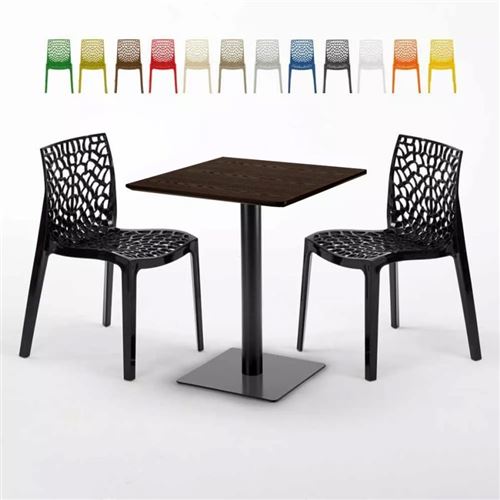 Table carrée 60x60 pied noir et surface bois avec 2 chaises colorées Gruvyer Kiss, Couleur: Noir