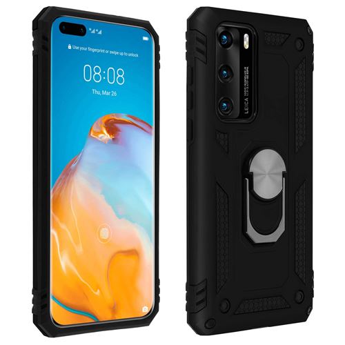Coque pour Huawei P40 Antichoc bi-matières Bague Support Vidéo - Noir