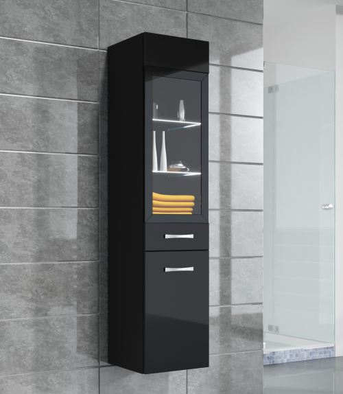 Armoire de rangement Rio Hauteur : 131 cm Noir brillant - Meuble de rangement haut placard meuble de salle de bain