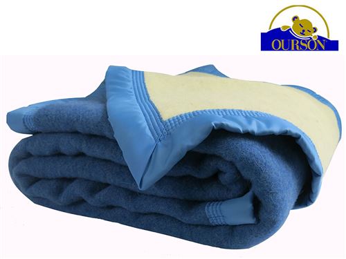 Couverture pure laine woolmark ourson 600 gr bleu 180x220