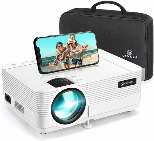 QKK Mini Projecteur avec Étui Portable 2500 Lux 1080P Full HD Blanc