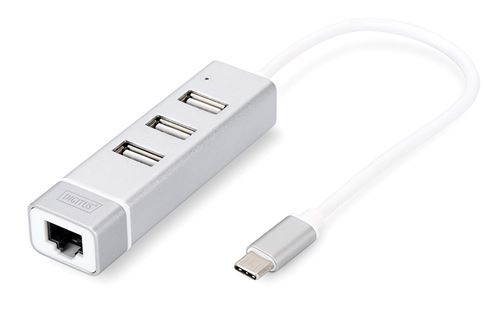 Digitus 70253 Hub USB 2.0 3 Ports et Fast Ethernet LAN Adaptateur, 3 x USB A/F, 1 x RJ45 Ports, chipset fe1.1s/rtl8152b Argent