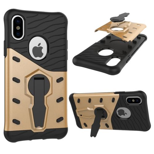 Iphone X / Xs Coque Protection Plastique Combinaison Avec Support Doré Als80728