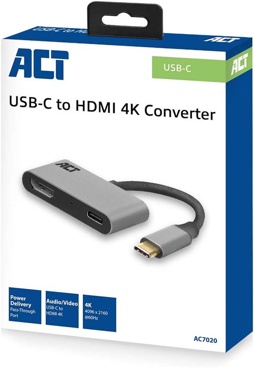 ACT Adaptateur USB-C vers HDMI avec PD Pass-Through, 4K @ 60 Hz, Longueur du câble 0,15 m, boîtier en Aluminium