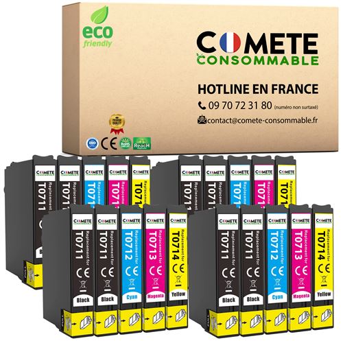 COMETE, Marque française - T0715 - 20 Cartouches d'encre compatibles avec EPSON T0715XL - 8 Noir + 4 Cyan + 4 Magenta + 4 Jaune