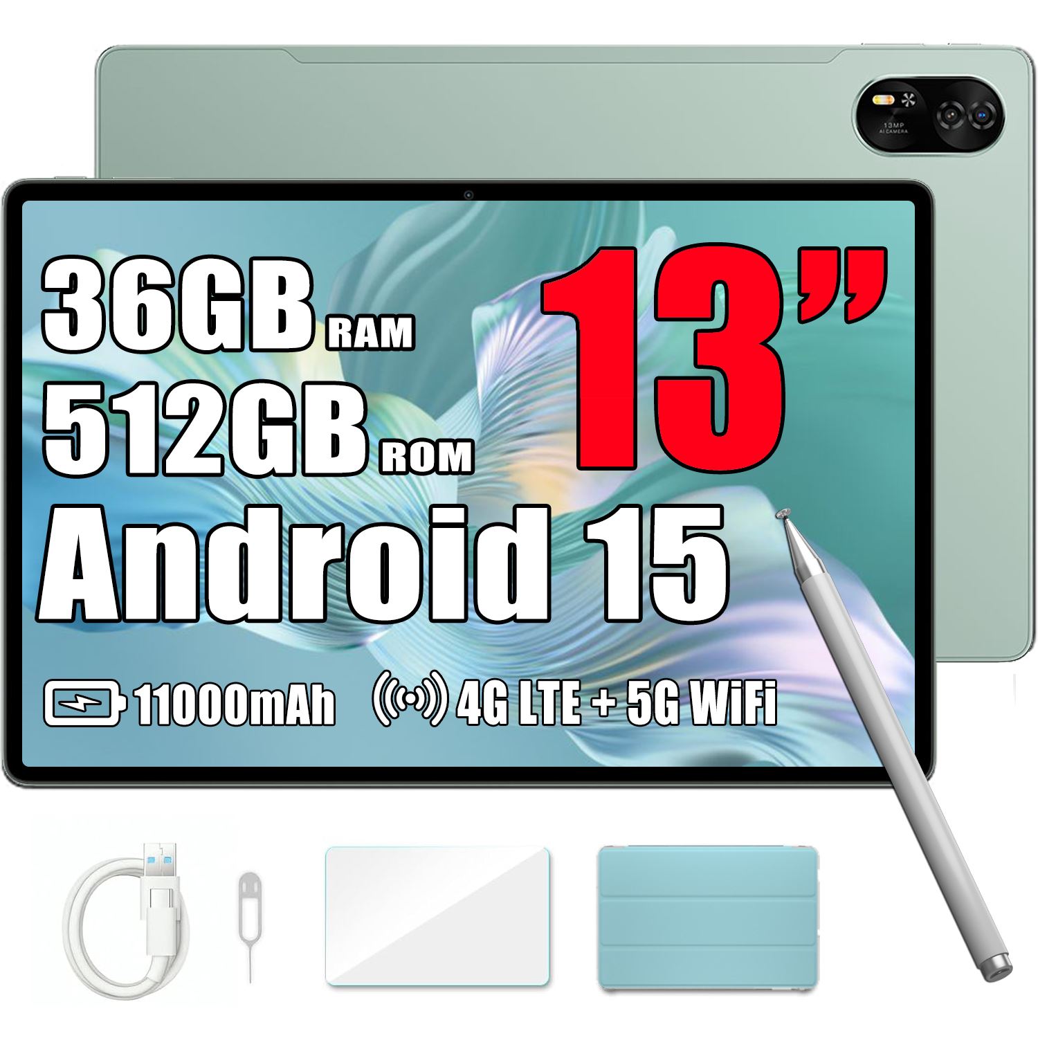 SKYEGG Tablette 11 Pouces Android 14, 24 Go RAM + 256 Go ROM, 5G Wi-FI, GPS, FHD Tablette Tactile Avec Widevine L1, 8-Cores 2.0 GHz, 8000 MAh, 13 MP + 5 MP, Face ID, Mauve