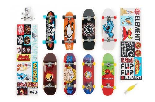 Coffret tech deck 25e anniversaire - pack 8 finger skates + figurine collector - planches design - set mini skate doigt et carte