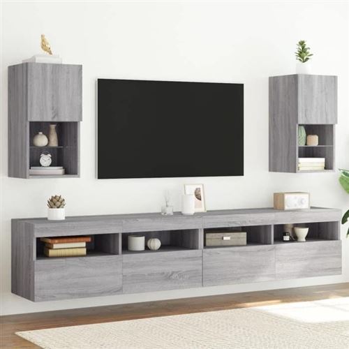Vidaxl Gris Meubles Tv Avec Lumières Led 2 Pcs, Armoires De Télévision Murales, Meubles Télé Suspendus, Moderne, Sonoma Bois 836998 - Image 3