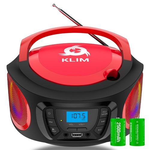 KLIM Boombox B3 Rouge Poste Radio CD Portable, Radio FM, CD, Bluetooth, USB, Bluetooth, MP3, Mode filaire et sans fil avec Piles Rechargeables NOUVEAUTÉ 2022