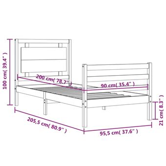 Cadre de lit avec tête de lit 90x200 cm bois massif vidaXL