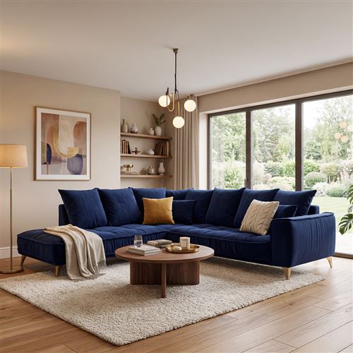 Canap&eacute; Velours Angle Gauche Bleu Altamo - 4 Places - Bleu