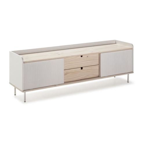 Meuble TV HORIZON portes coulissantes 2 tiroirs- metal Blanc et chene blanchi - scandinave moderne - L160XP40XH52cm