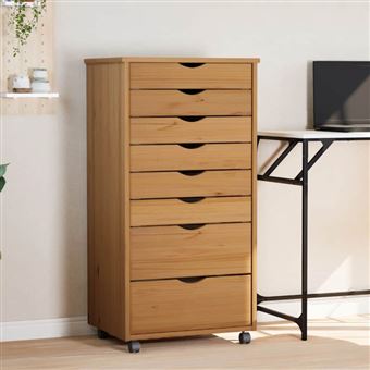 Armoire Roulante Avec Tiroirs MOSS – Bois De Pin Marron Miel – Neuf