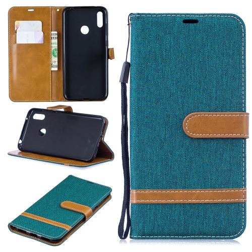 Etui en PU porte-bébé en jean de couleur assortie vert pour votre Huawei Y7 (2019)