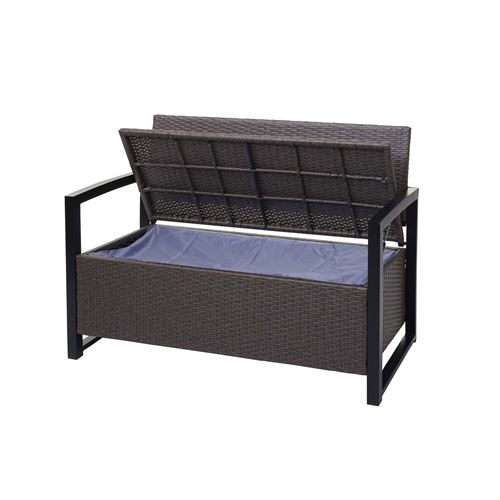 Banc en polyrotin HWC-F39, banquette de jardin, coffre, compartiment, coussin ~ gris, coussin vert