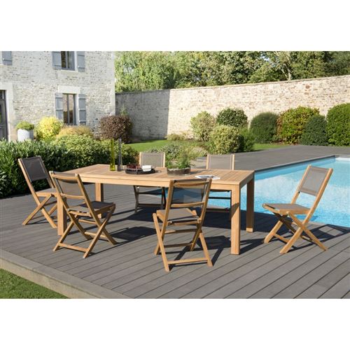 Salon de jardin bois Teck: 1 table à manger VIESTE 220*100cm + 3 lots de 2 chaises pliantes textilène taupe