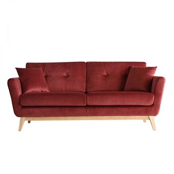 Hoga Velours Rouge Canapé Scandinave 3 Places Rouge 2 Coussins