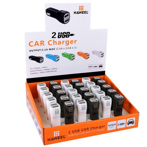 (#36) 30 PCS Mixed Colors HAWEEL 3.1A Dual USB Ports Car Charger Kit with Display Stand Box