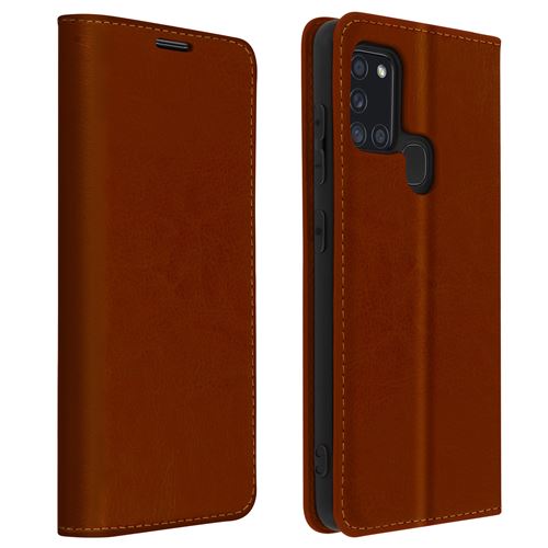 Avizar Étui pour Samsung Galaxy A21s Folio Cuir Véritable Porte cartes Support Vidéo Marron
