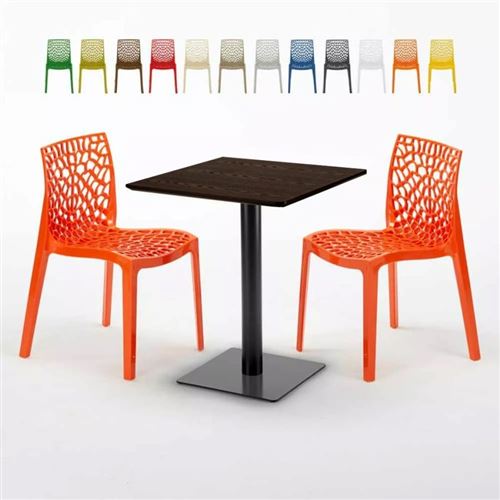 Table carrée 60x60 pied noir et surface bois avec 2 chaises colorées Gruvyer Kiss, Couleur: Orange