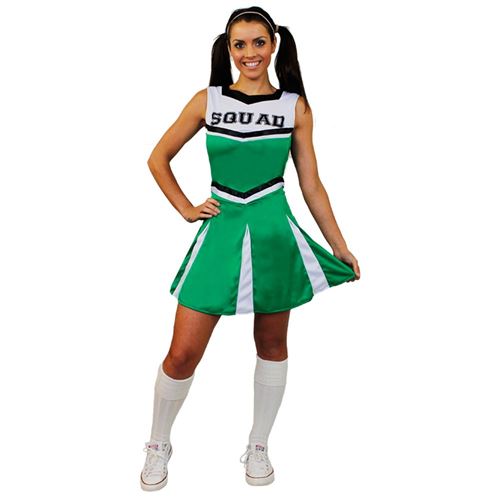 Déguisement pour femme de cheerleader avec un ensemble vert haut et jupe en 1 pièce. Idéal pour les enterrements de vie de jeune fille. ( Medium )