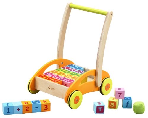 Chariot de marche bébé en bois avec cubes (chiffres, lettres) - dès 12 mois