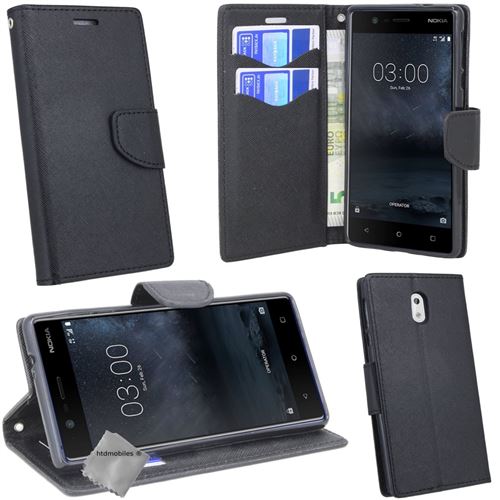 Housse etui coque pochette portefeuille pour Nokia 3 avec film ecran - NOIR / NOIR