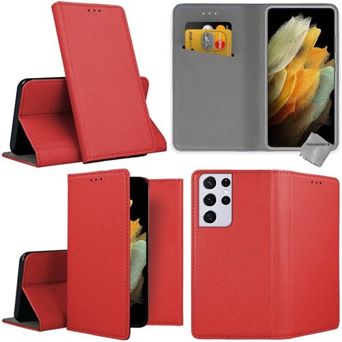 Housse portefeuille avec coque intérieure en silicone pour Samsung Galaxy S21 Ultra 5G - ROUGE MAGNET -htdmobiles