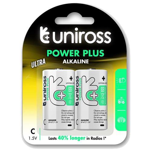 UNIROSS Pack de 2 Piles Alcalines C-LR14 Power Plus 1,5V