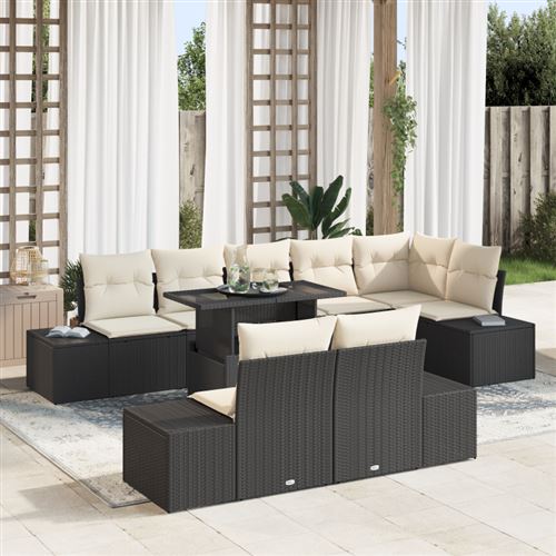 vidaXL Ensemble de canapé de jardin 9 pc Noir et Crème polyrotin