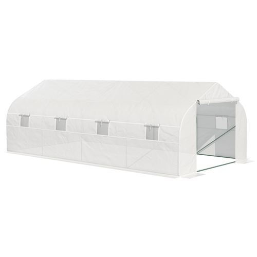 Serre tunnel de jardin dim. 5,93L x 3l x 2H m porte + 8 fenêtres enroulables acier galvanisé bâche PE haute densité blanc