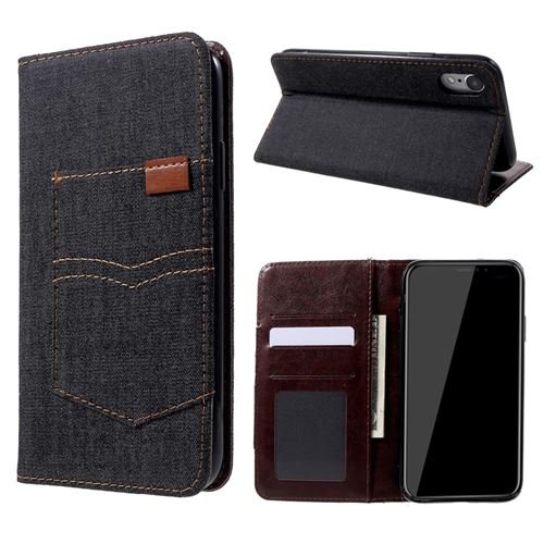 Etui en PU tissu de jeans de poche noir pour votre Apple iPhone XR