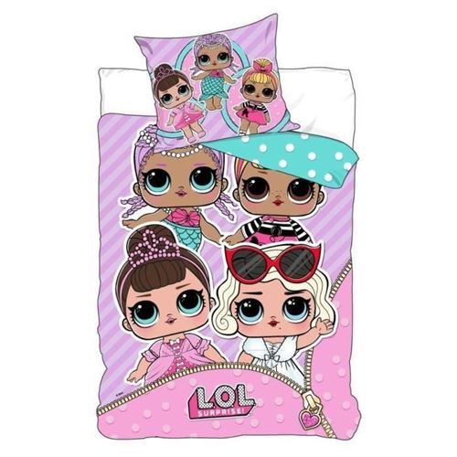 lol parure de lit enfant 100% polyester - 1 housse de couette 140x200cm + 1 taie d'oreiller 63x63cm - rose