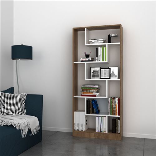 HOMEMANIA Riga Boekhandel- Plank, Meubilair - met planken - van Woonkamer, Kantoor - Wit, walnoot in hout, PVC, 80 x 22,2 x 180,8 cm