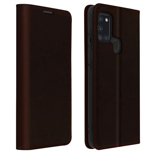 Étui pour Samsung Galaxy A21s Folio Cuir Véritable Porte cartes Support Vidéo - camel