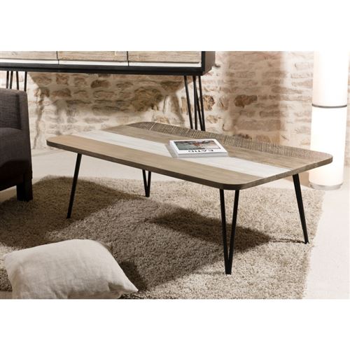 AMBROISE - Table basse rectangulaire 120x70cm bois acacia pieds métal noir