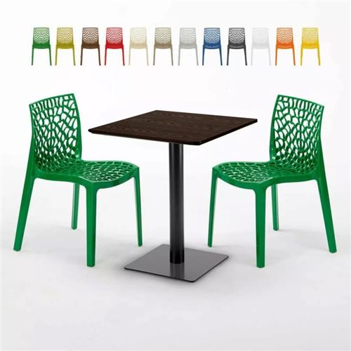 Table carrée 60x60 pied noir et surface bois avec 2 chaises colorées Gruvyer Kiss, Couleur: Vert