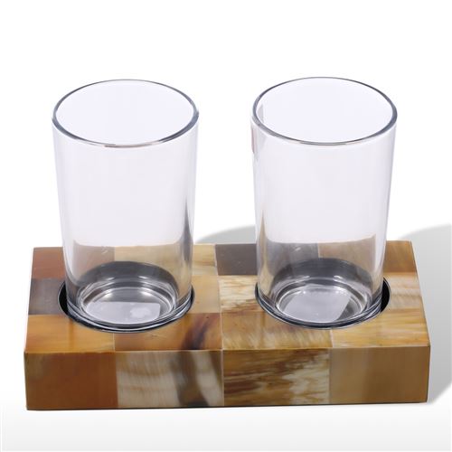 Tooarts Porte-verre double porte-brosse à dents avec cornes Stripes Verre et dessous de verre Set porte-verre de salle de bain avec verre décoratif