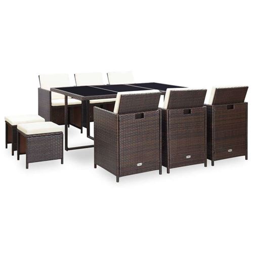 vidaXL Mobilier de jardin 11 pcs avec coussins Résine tressée Marron
