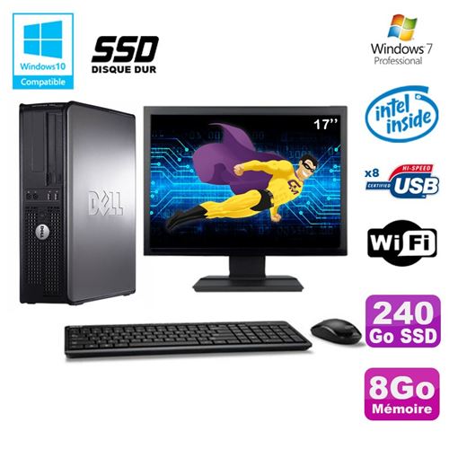 PC Dell Optiplex 780 Dt Intel E5200 2,5Ghz 8Go 240Go SSD WiFi W7 Ecran 17'