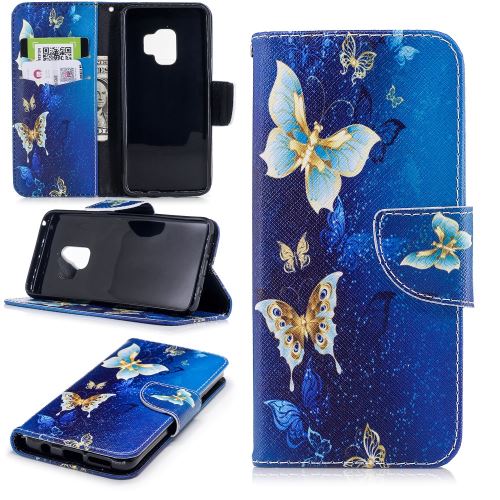 Etui en PU support magnétique impression papillon bleu et or pour Samsung Galaxy S9