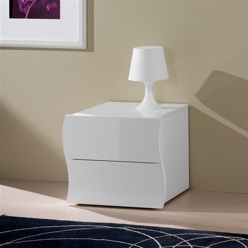 Table De Chevet Avec 2 Tiroirs Chambre Blanc Brillant Onda Smart