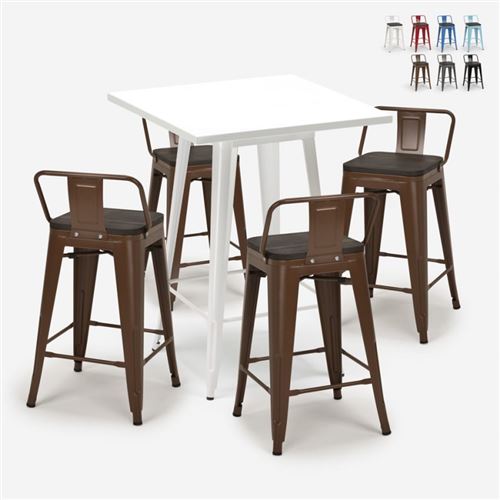 Ensemble 4 Tabourets Tolix Table 60x60cm Métal Blanc Industriel Buch White, Couleur: Marron