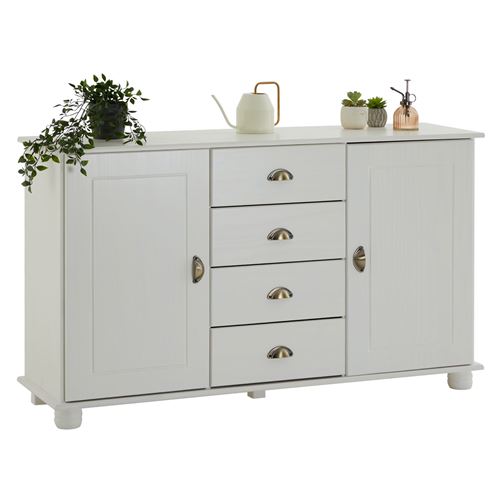 Buffet COLMAR commode bahut vaisselier meuble bas rangement avec 4 tiroirs au centre et 2 portes, en pin massif lasuré blanc