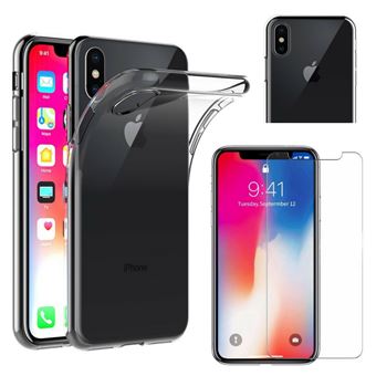 Coque pour Apple iPhone X + Verre Trempé Film Protection Ecran - Housse Etui Gel TPU Silicone Transparent Protection Souple Ultra Mince Fine Slim Leger Anti Choc Résistant - Glass Screen Protector Tempered Ultra Resistant Vitre Protecteur Anti Rayure Sans - 1