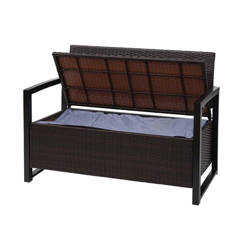 Banc en polyrotin HWC-F39, banquette de jardin, coffre, compartiment, coussin ~ marron, coussin crème