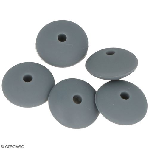 Lot de perles plates en silicone - 12 x 7 mm - Gris - 5 pcs