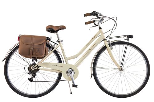 Vélo de ville Femme - Via Veneto By Canellini Retro Vintage Acier + Sac cuir latéral porte bagage - Beige