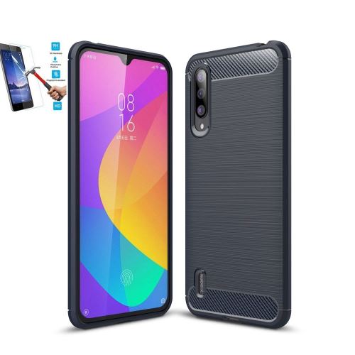 Coque Xiaomi Mi 9 Lite Carbone Bleu Avec Film Verre Trempé Housse Etui En Silicone Gel Souple hfs-house®