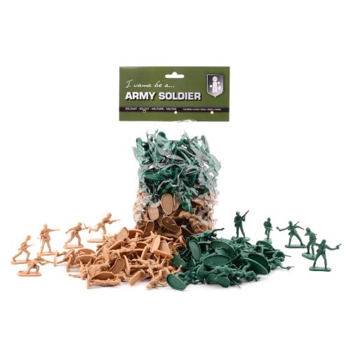 Grand sac de 100 figurines soldats / militaires en plastique couleur vert et sable various